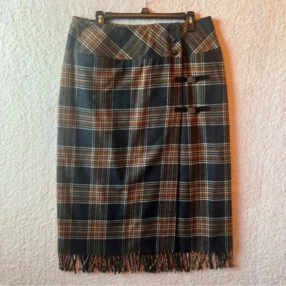 David N. Wool Plaid Wrap Skirt Sz 14 Fringe Buckle Academia Equestrian Preppy